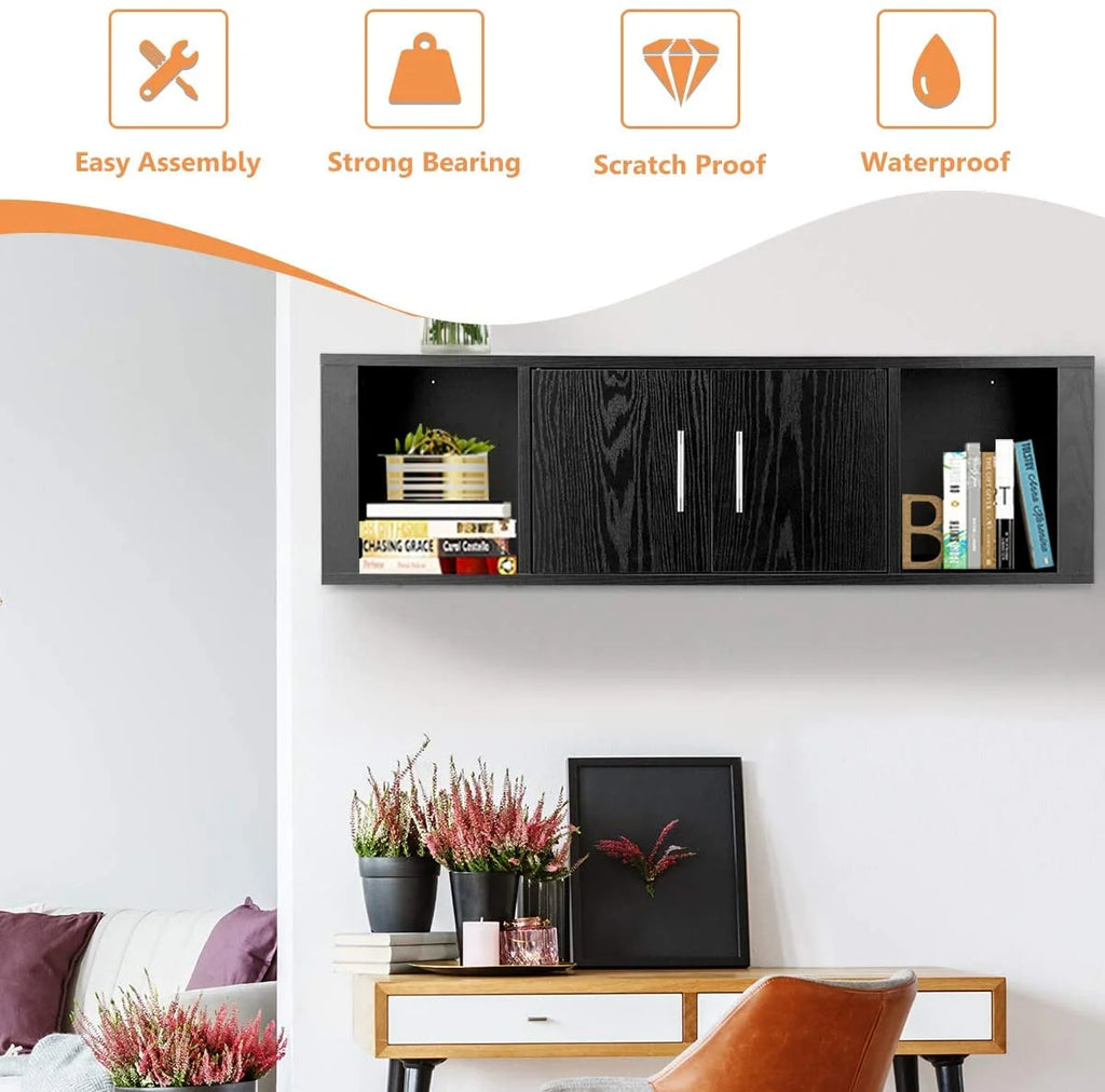 Black Wall Mounted Storage Cabinet with 2 Doors and 2 Open Shelves W491952