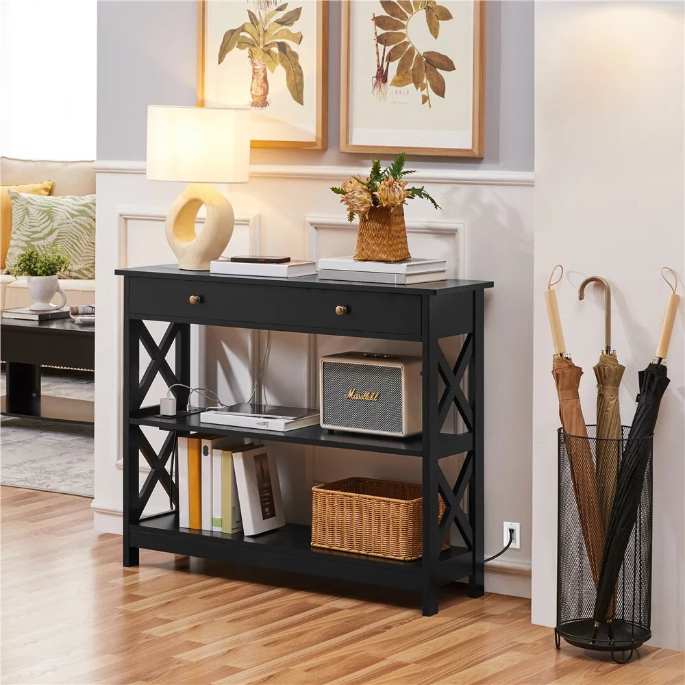 Black Wooden Console Table with Power Outlet & Drawer H42907