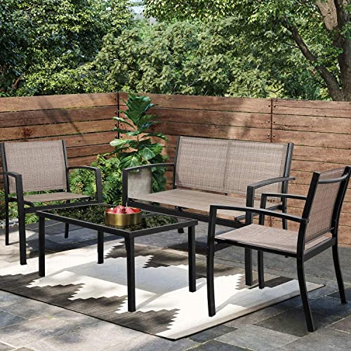 4 Pieces Patio Furniture Set Textilene Fabric with Glass Coffee Table Black J973416