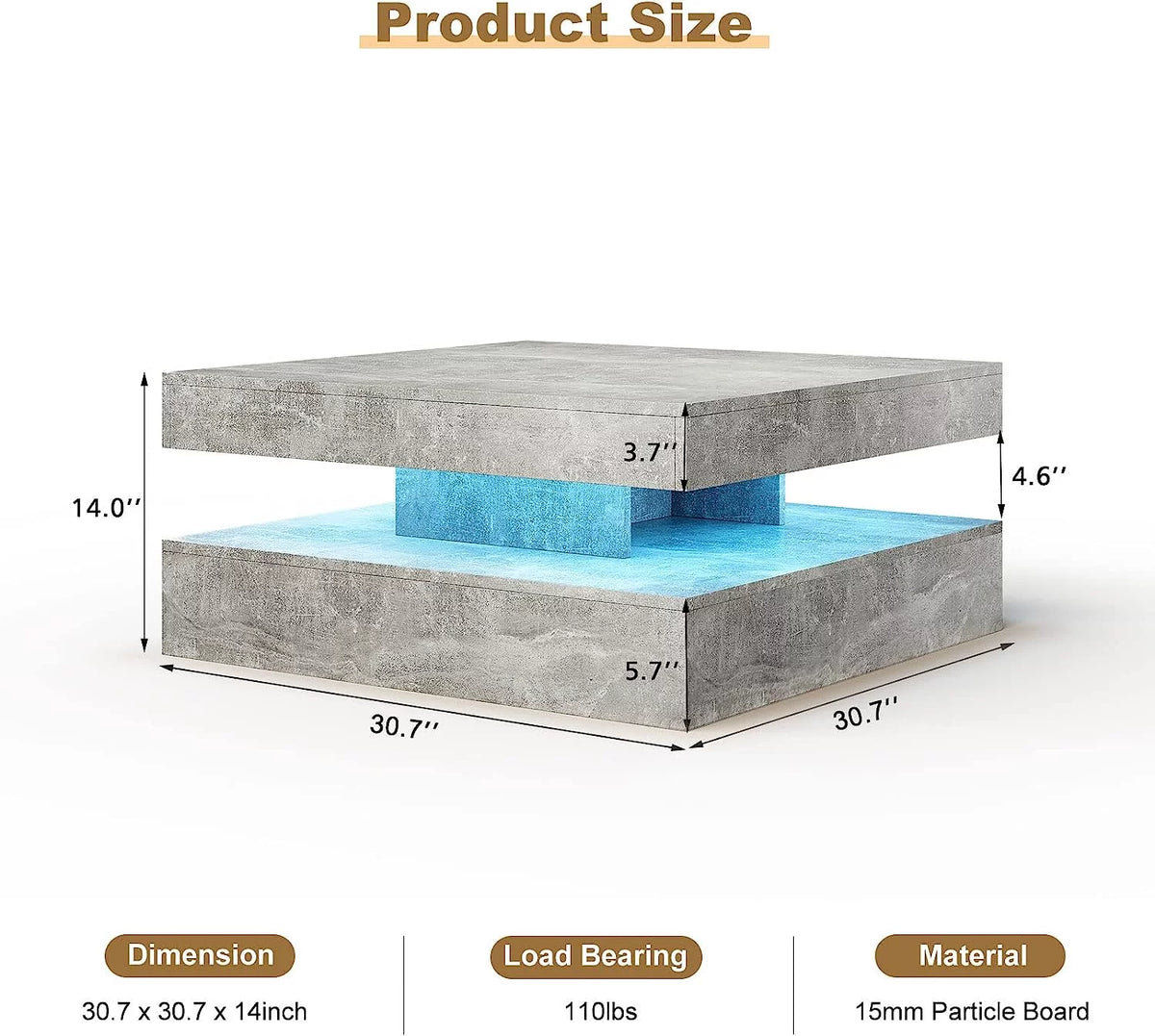 2 Tier Square LED Coffee Table with 16 RGB Lights U7374