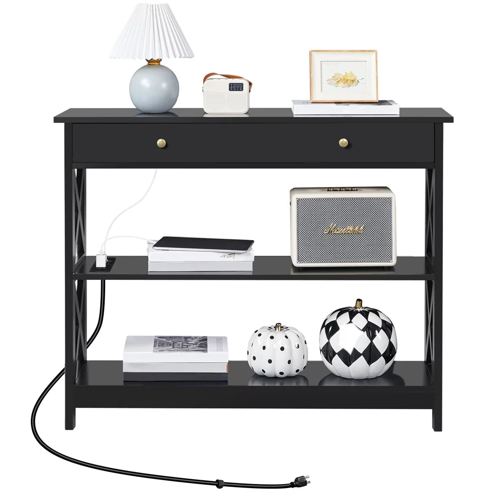 Black Wooden Console Table with Power Outlet & Drawer H42907