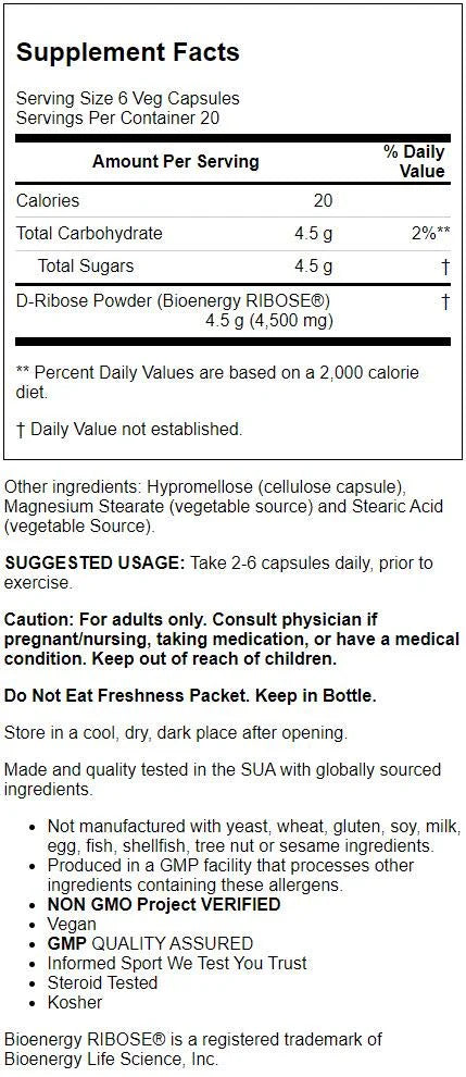 D-Ribose 750 mg 120 Vegetable Capsules O928