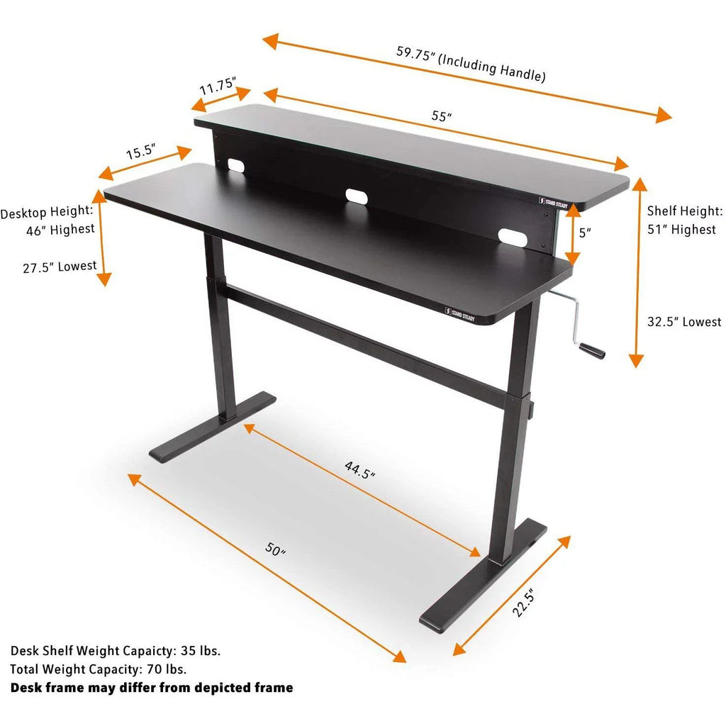 55 Inch Black Crank Adjustable Standing Desk with Shelf V32047