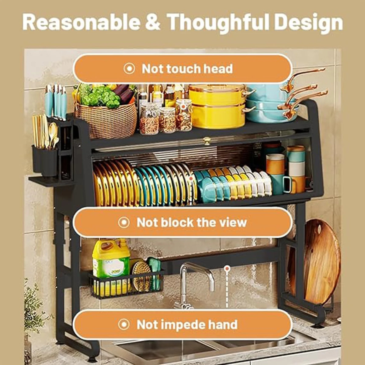 Adjustable 3 Tier Black Dish Drying Rack with Utensil Holder Y959