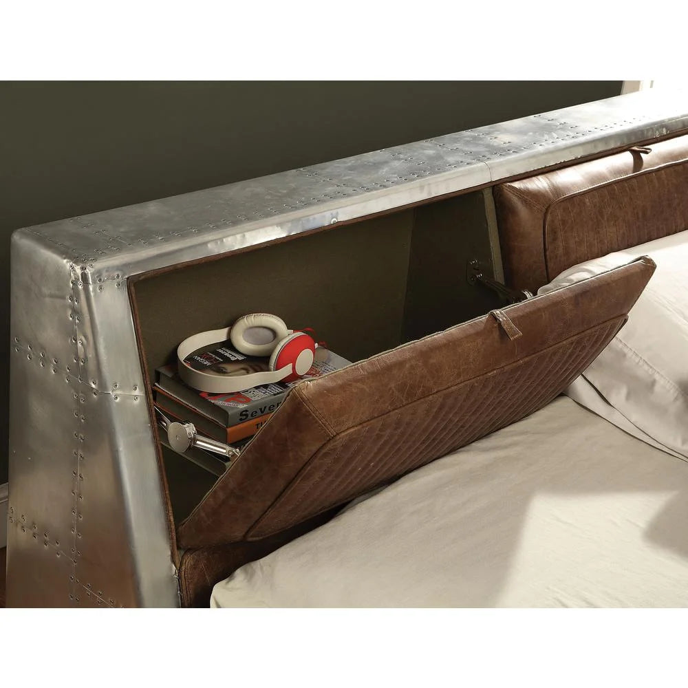 Queen Bed Retro Brown Top Grain Leather & Aluminum D393