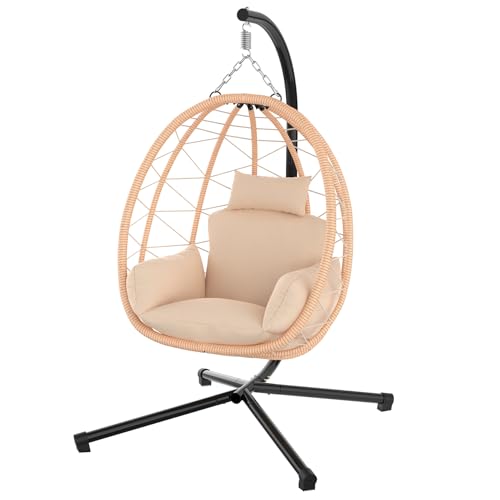 Hanging Egg Chair with Stand, UV Resistant Cushion & Pillow, 370lbs Capacity, Beige C7907