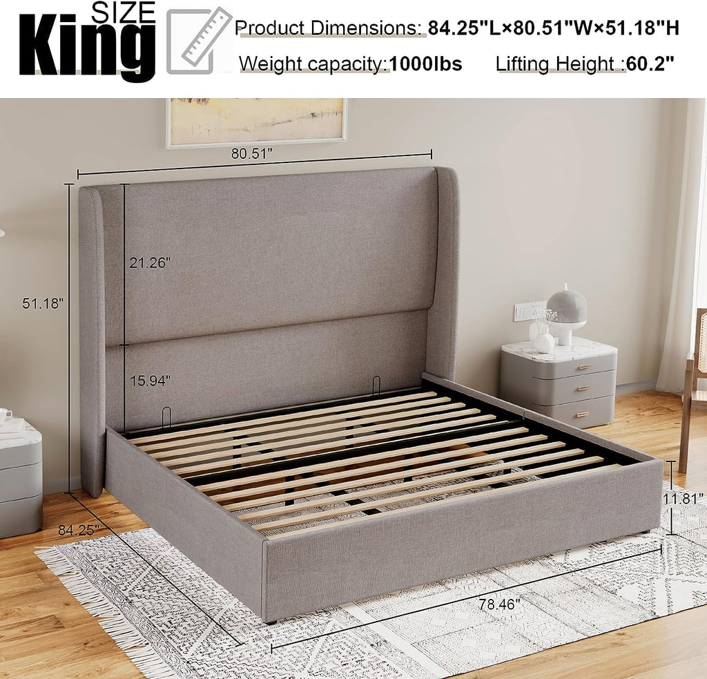 King Size Light Gray Linen Upholstered Platform Bed Frame K2632