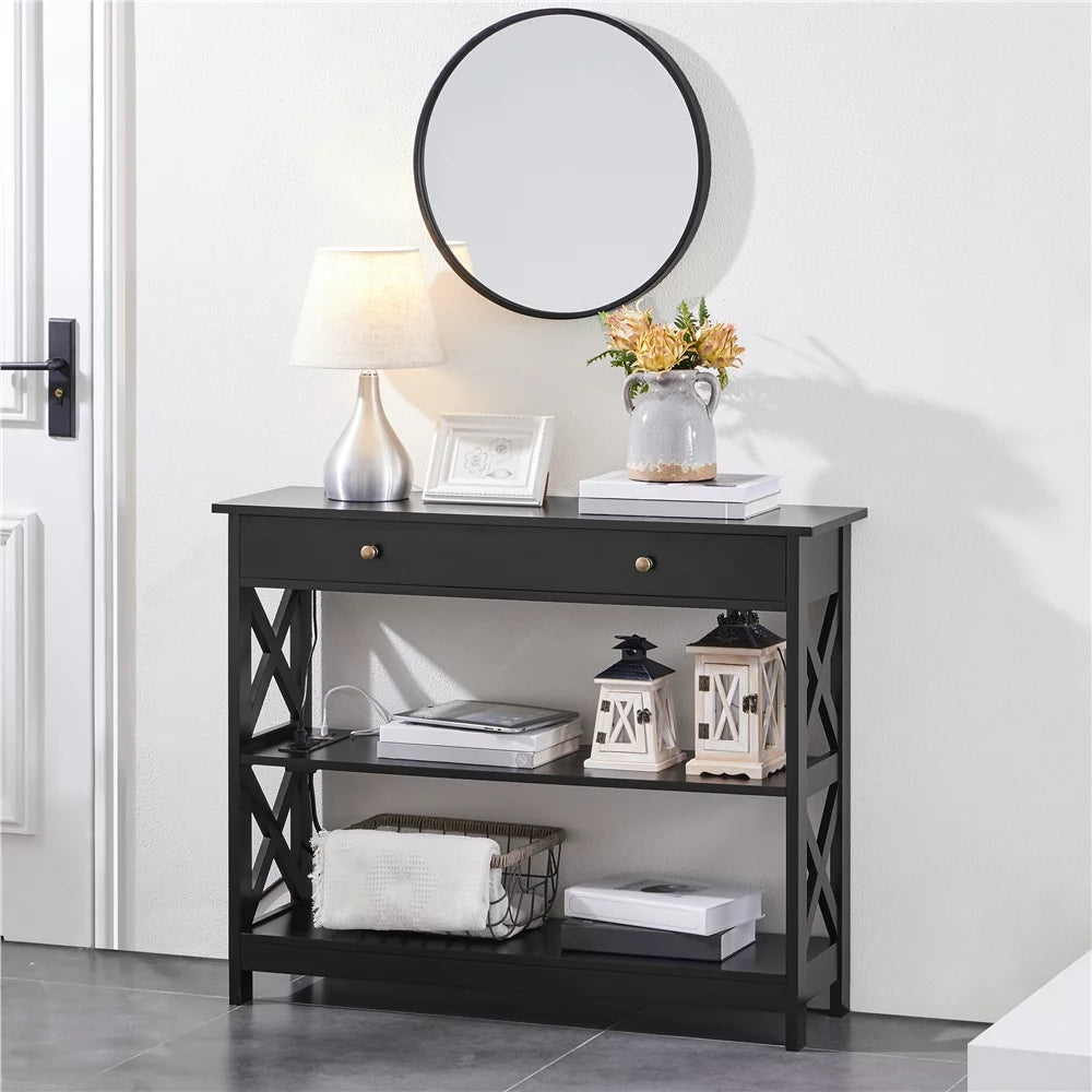 Black Wooden Console Table with Power Outlet & Drawer H42907
