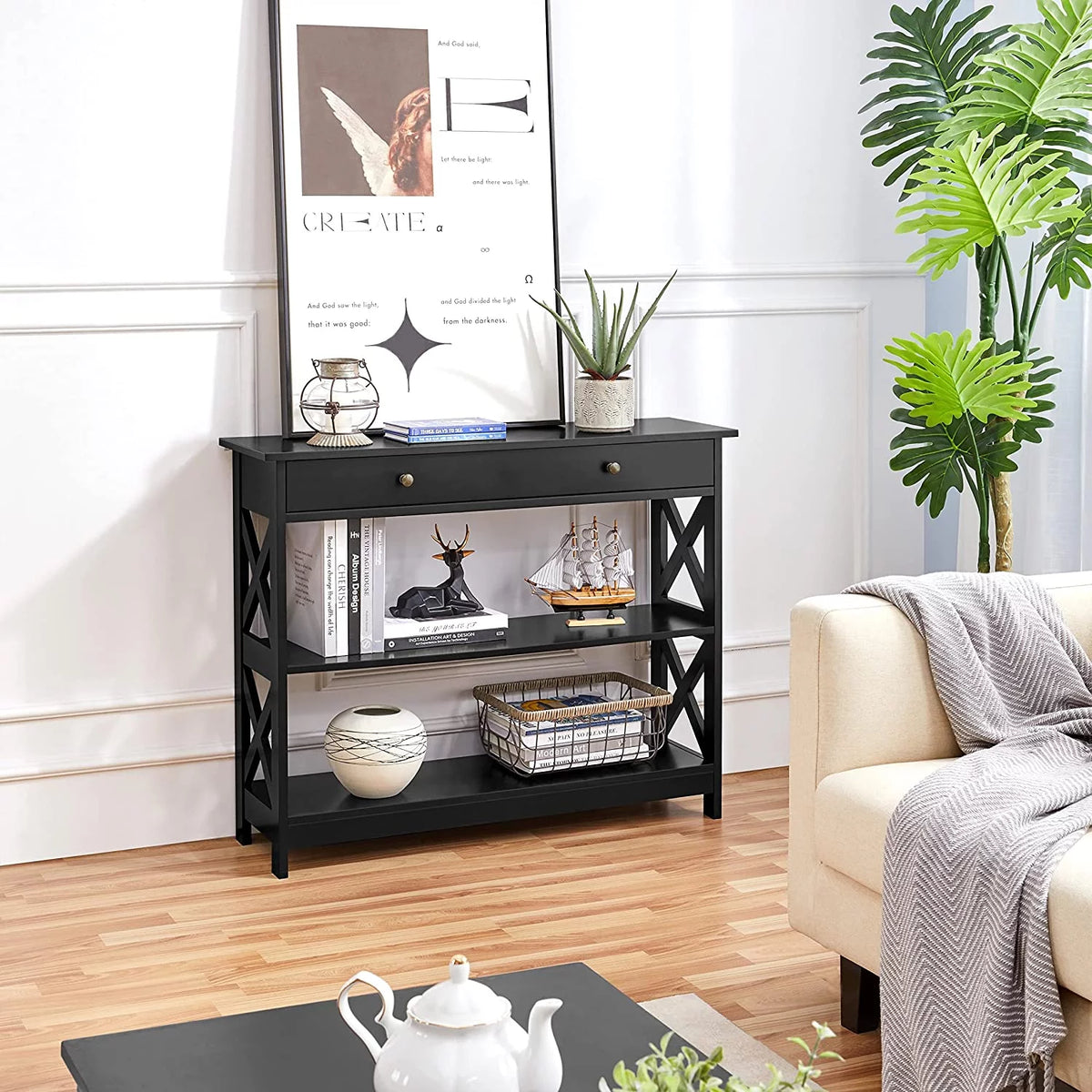 Console Sofa Table with Drawer and 3 Tier Storage Shelves M6430