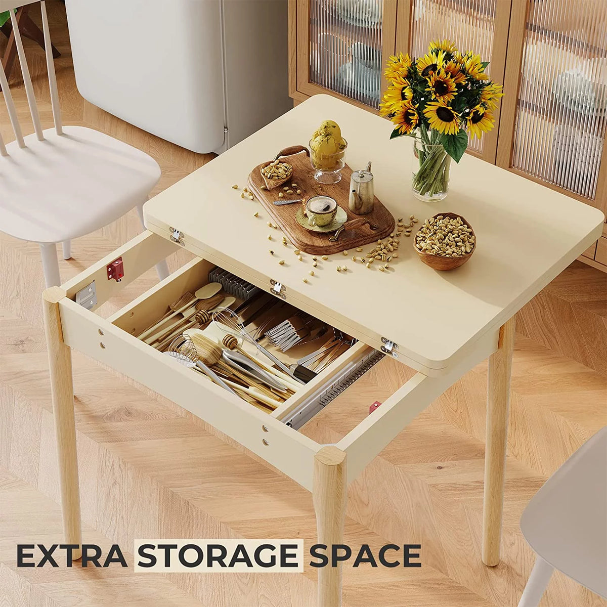 Folding Dining Table with Hidden Storage, Beige Y890723