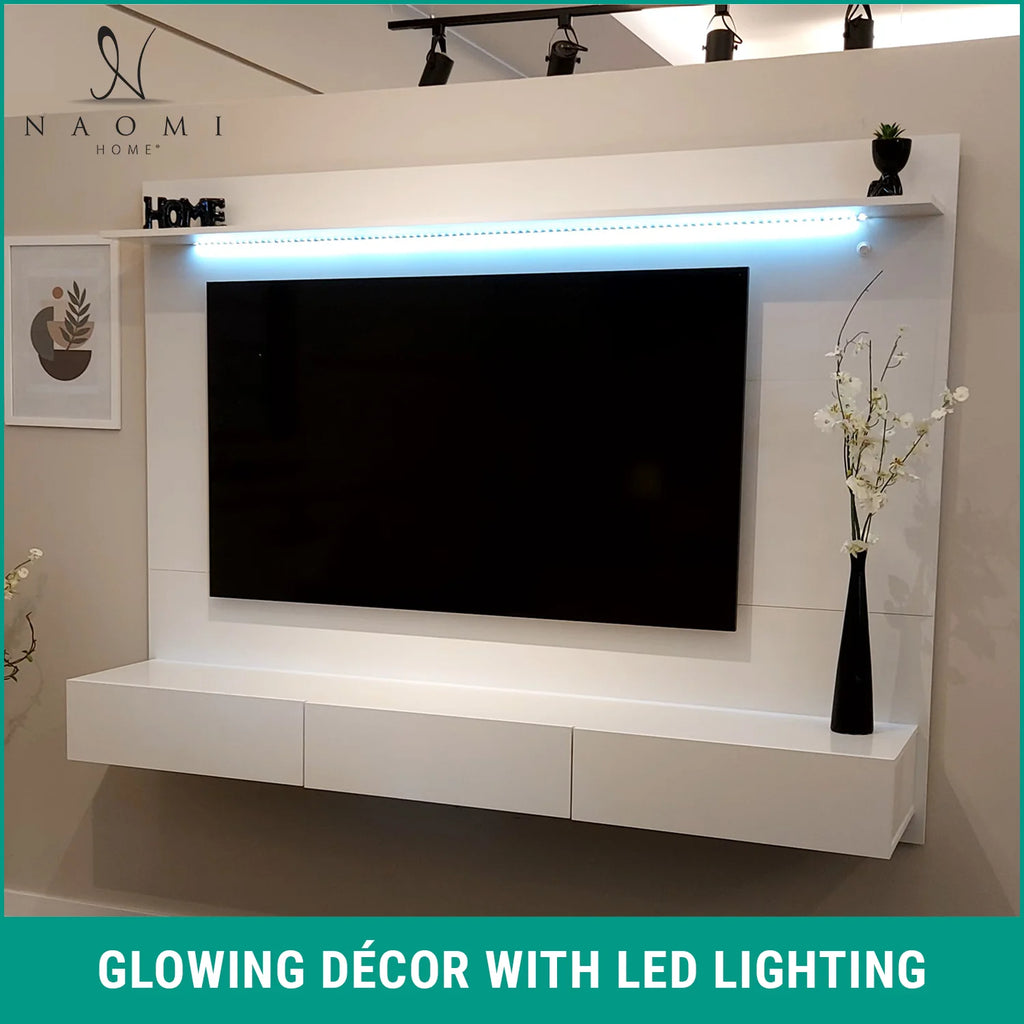 White Floating Entertainment Center with LED Strip, Drawers and Shelf L591