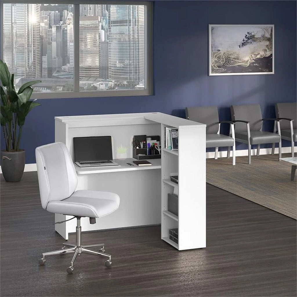 White Engineered Wood Reception Desk with Shelves O76354