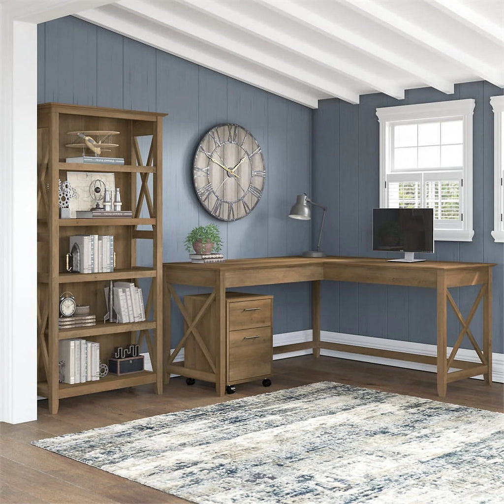 Reclaimed Pine Engineered Wood L Desk with Drawers and Bookcase H41465