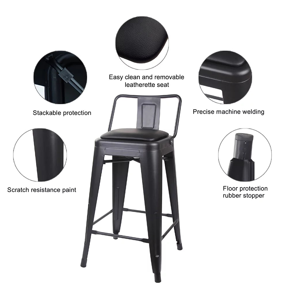 Black 24 inch Low Back Metal Barstool with Vegan Leather Seat, Set of 4 I6581