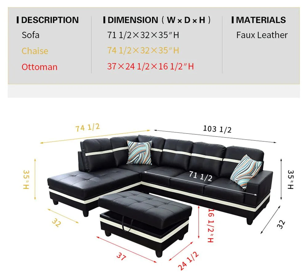 Black & White Faux Leather Sectional with Ottoman Z7447
