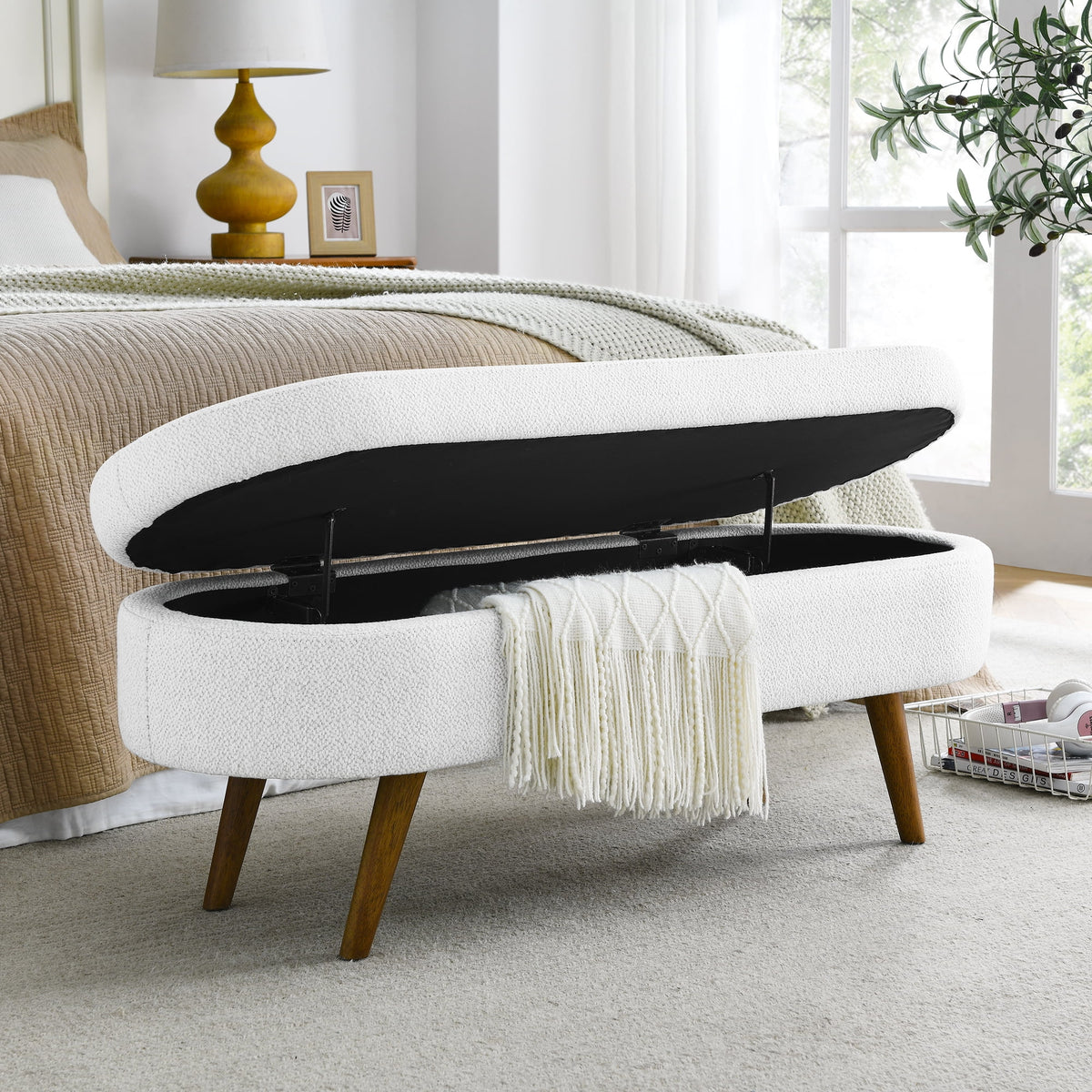 White Oval Storage Bench with Rubber Wood Legs B6694