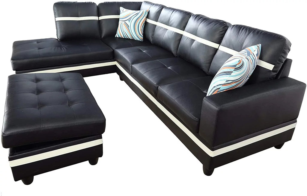 Black & White Faux Leather Sectional with Ottoman Z7447