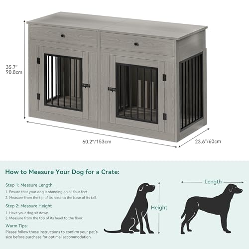 60" Wooden Dog Crate Furniture with Divider Storage Drawers Double Door Grey C98347