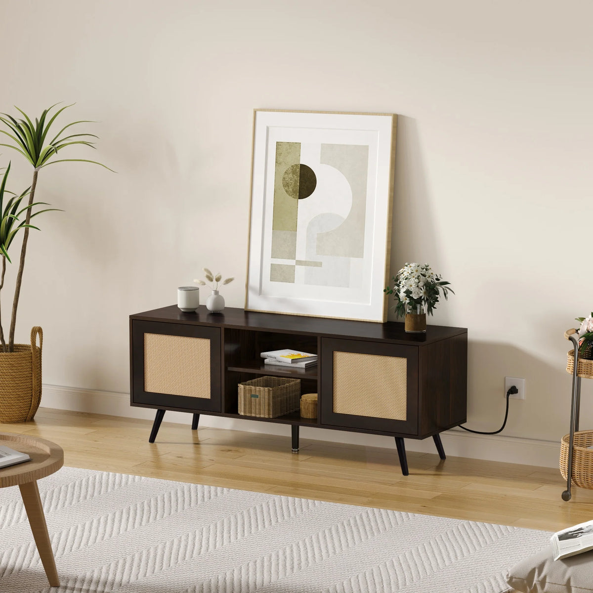 60-inch Rattan TV Stand with Adjustable Shelves and 2 Cabinets Z8082