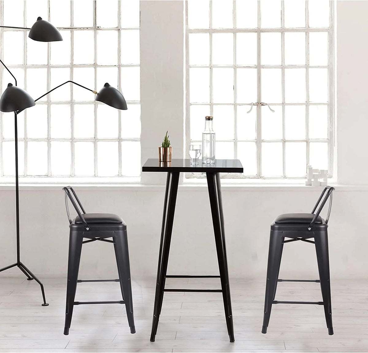 Black 24 inch Low Back Metal Barstool with Vegan Leather Seat, Set of 4 I6581