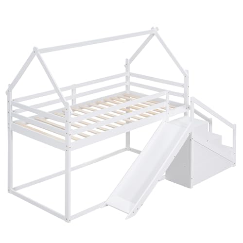 Twin Over Twin Wood House Bunk Bed with Slide and Storage Staircase O602