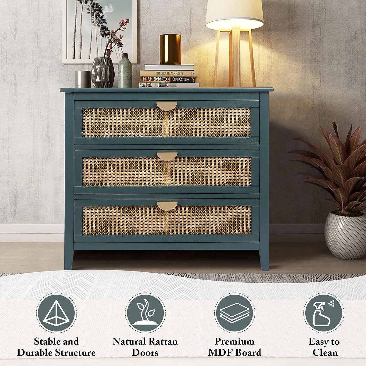 3 Drawer Rattan Dresser with Golden Metal Handles K614