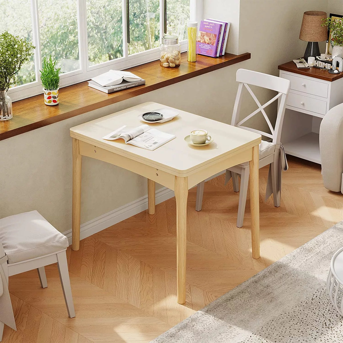 Folding Dining Table with Hidden Storage, Beige Y890723