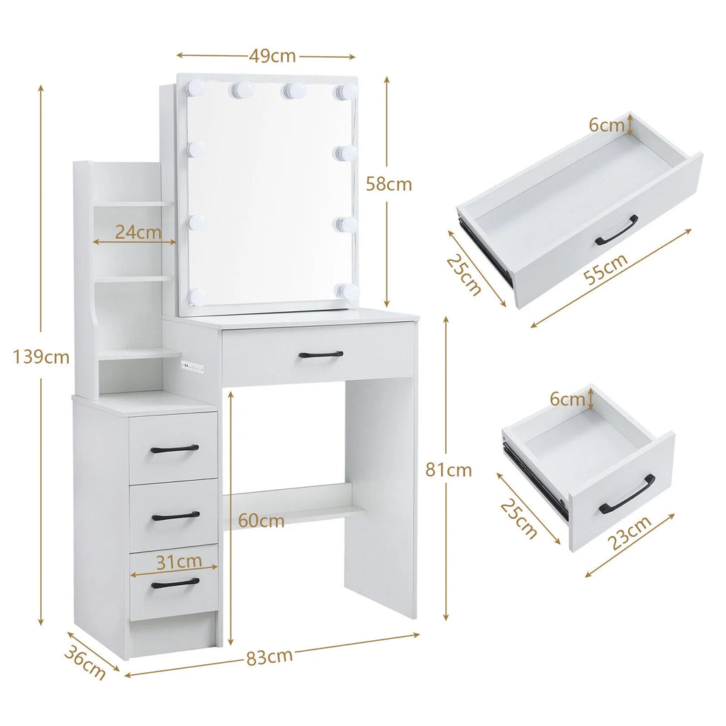 4 Drawer Makeup Vanity Desk with Stool Mirror and Light L39330