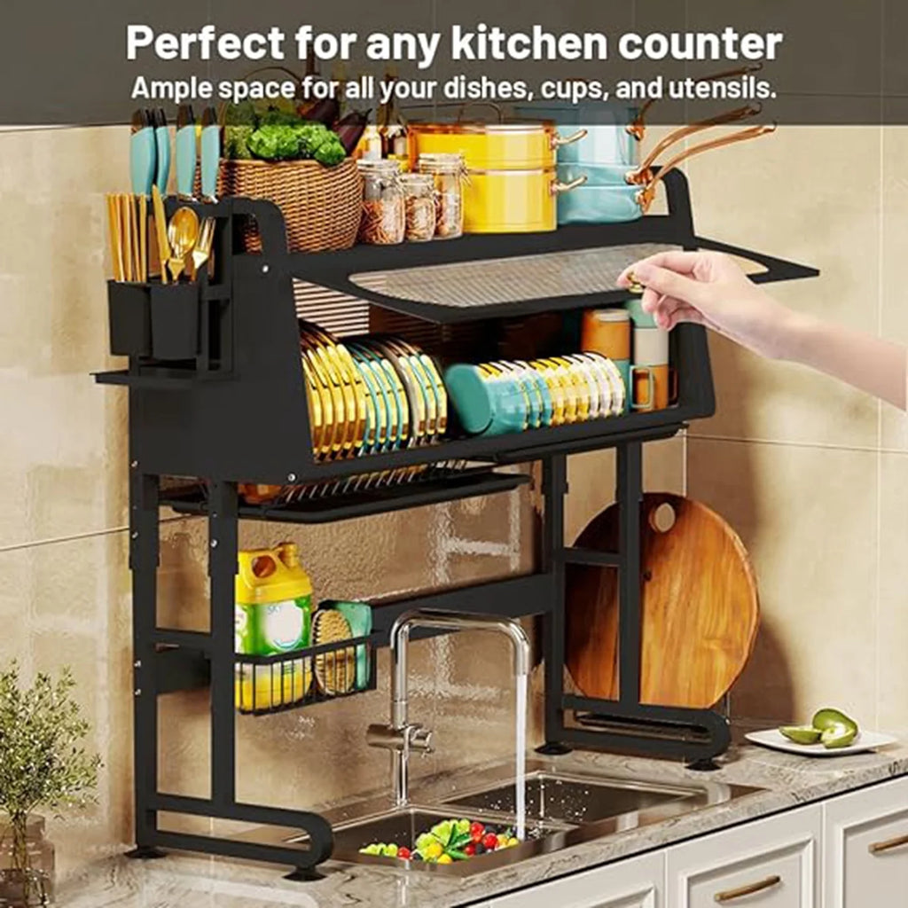 Adjustable 3 Tier Black Dish Drying Rack with Utensil Holder Y959