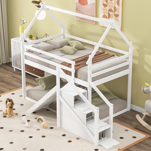 Twin Over Twin Wood House Bunk Bed with Slide and Storage Staircase O602