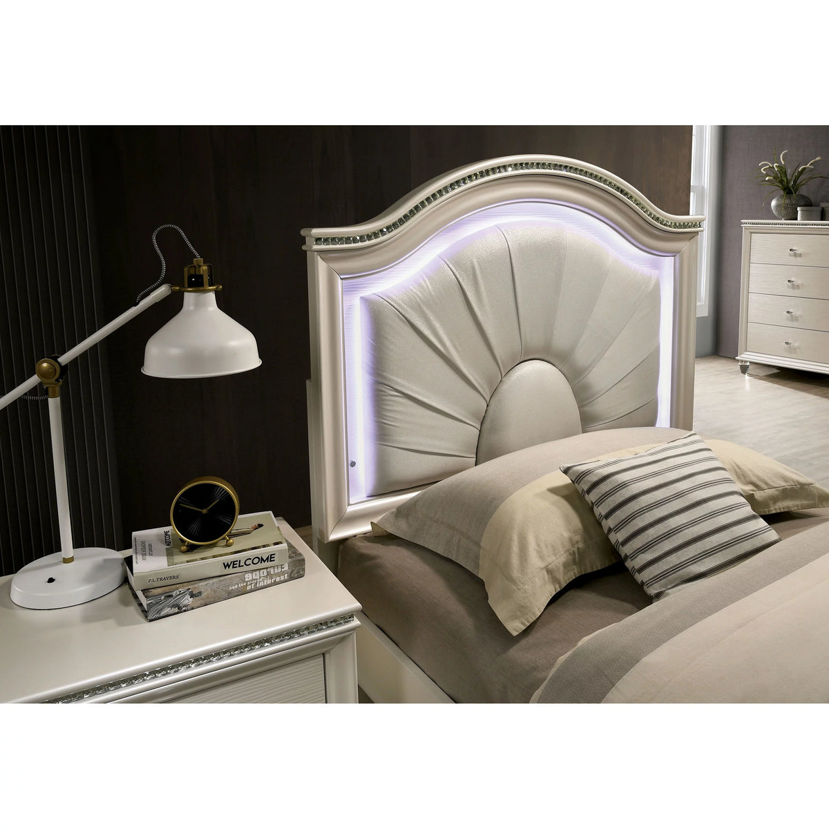 Pearl White Upholstered Panel Bed Full L35521