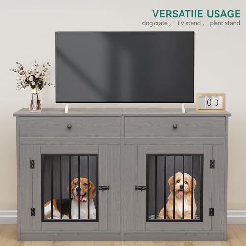 60" Wooden Dog Crate Furniture with Divider Storage Drawers Double Door Grey C98347