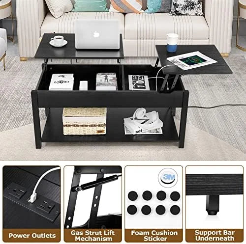 42.5" Lift Top Coffee Table with Hidden Compartment and USB Ports D8366