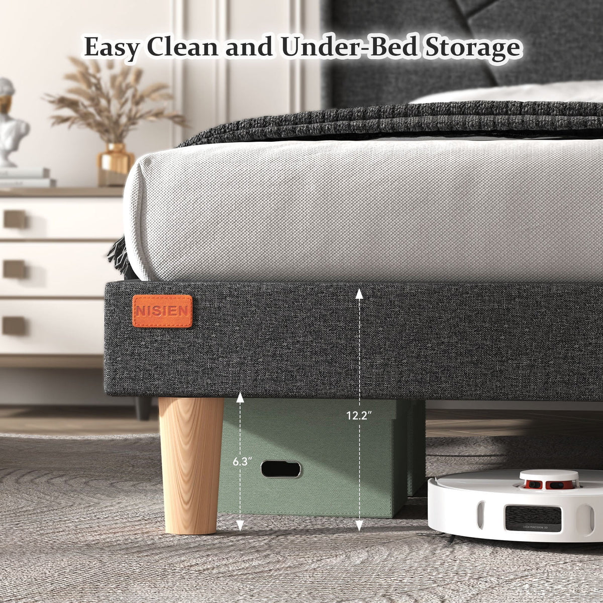 Queen Upholstered Platform Bed Frame with Wingback Storage Headboard D621