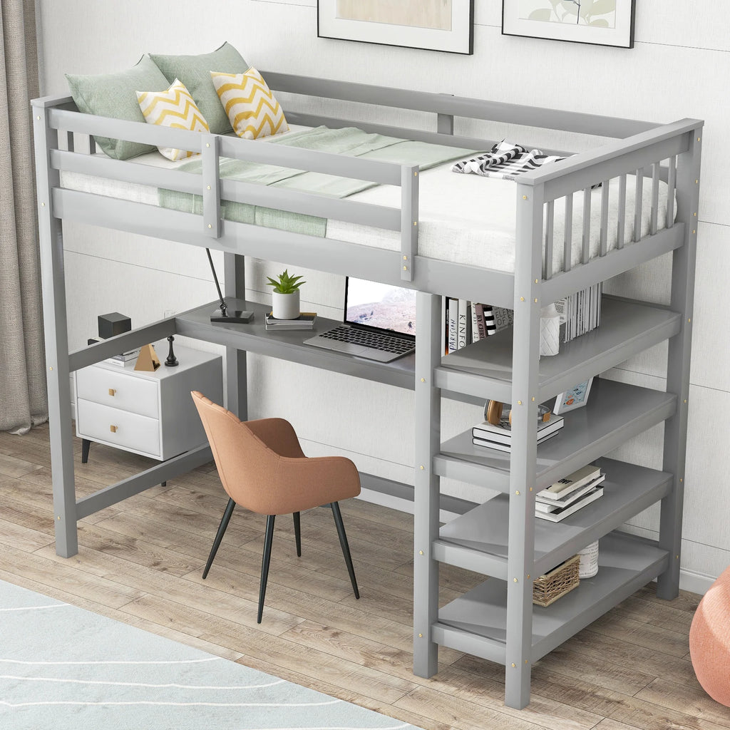 Twin Size Loft Bed with Built-in Desk and Shelves A44105