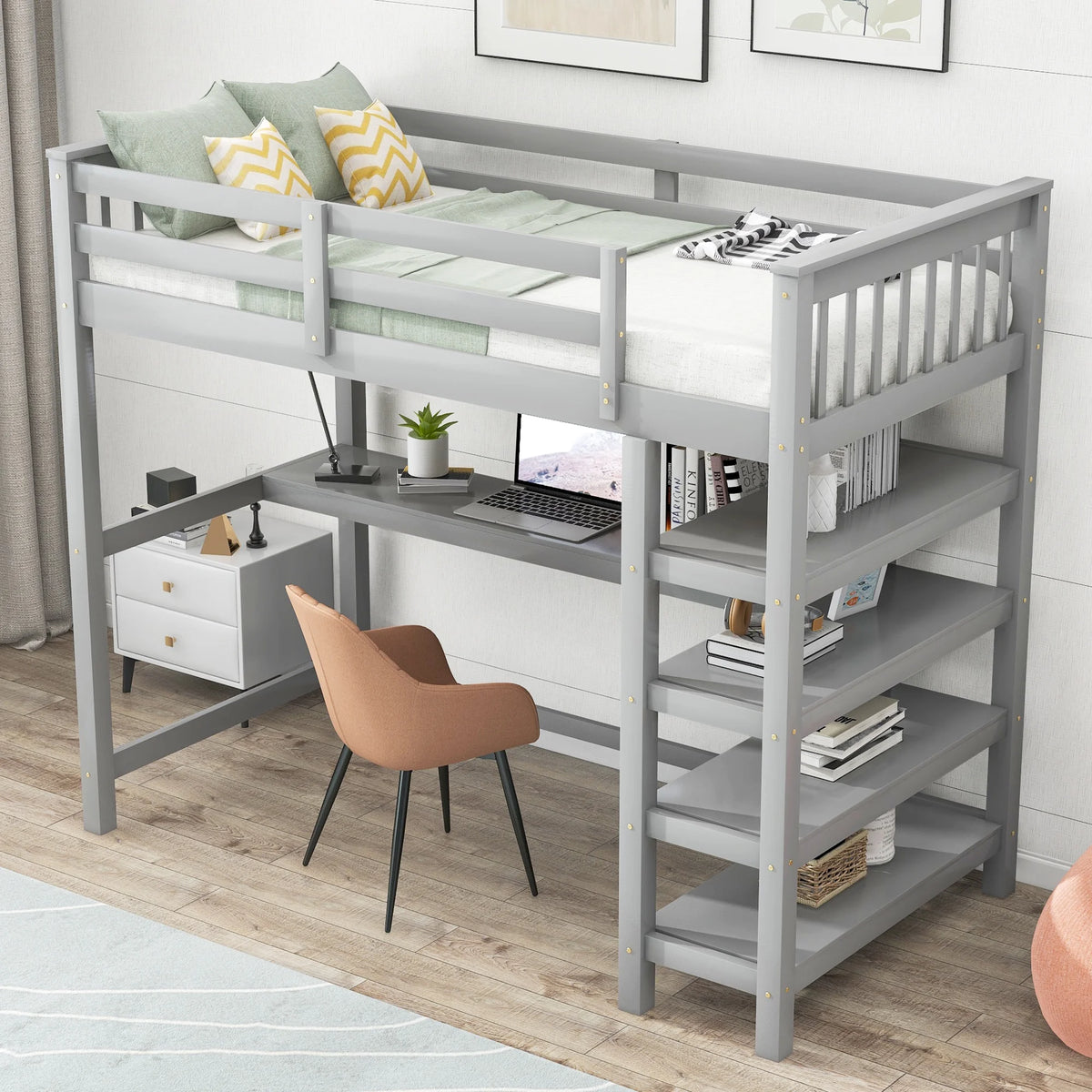 Twin Size Loft Bed with Built-in Desk and Shelves A44105