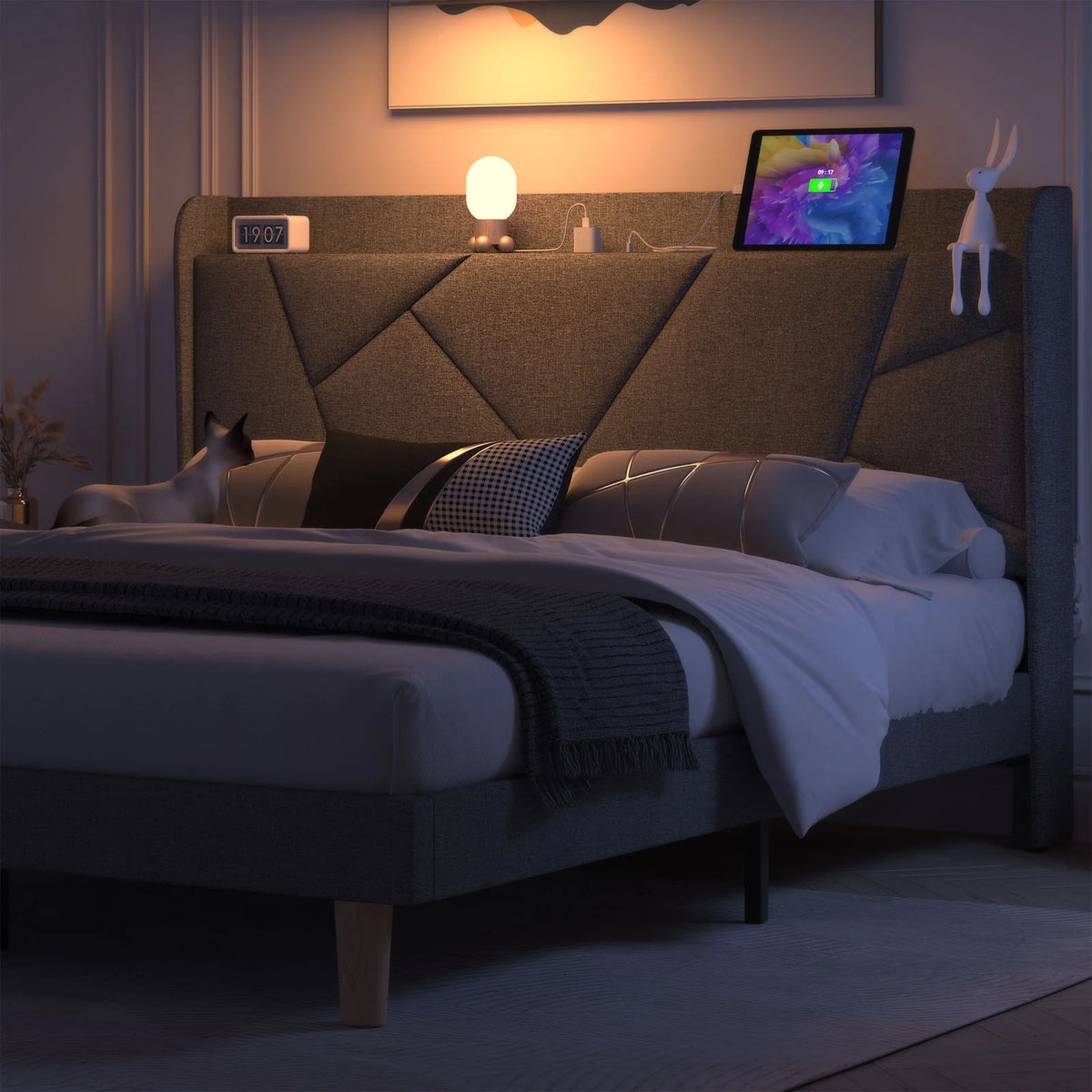 Queen Upholstered Platform Bed Frame with Wingback Storage Headboard D621