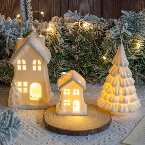 3 Pcs White Ceramic Christmas Village Houses B6929