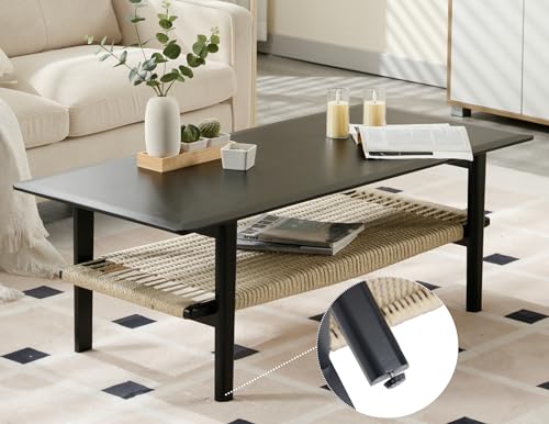 Farmhouse 2-Tier Coffee Table with Rattan Storage Shelf E637946