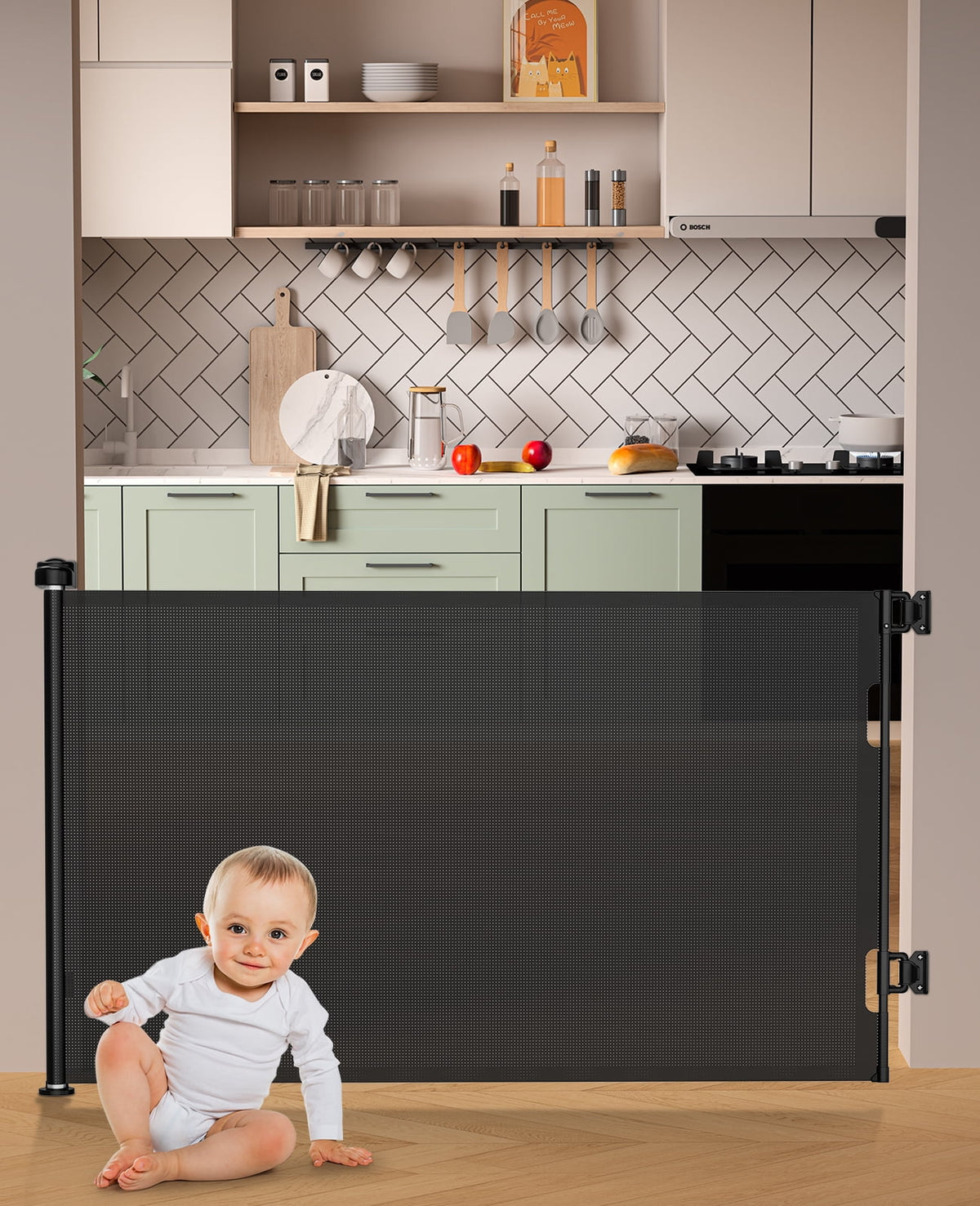 Retractable Baby Safety Gate, Black Mesh Pet Gate F791579