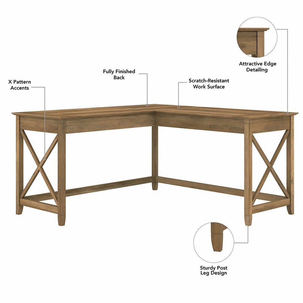 Reclaimed Pine Engineered Wood L Desk with Drawers and Bookcase H41465