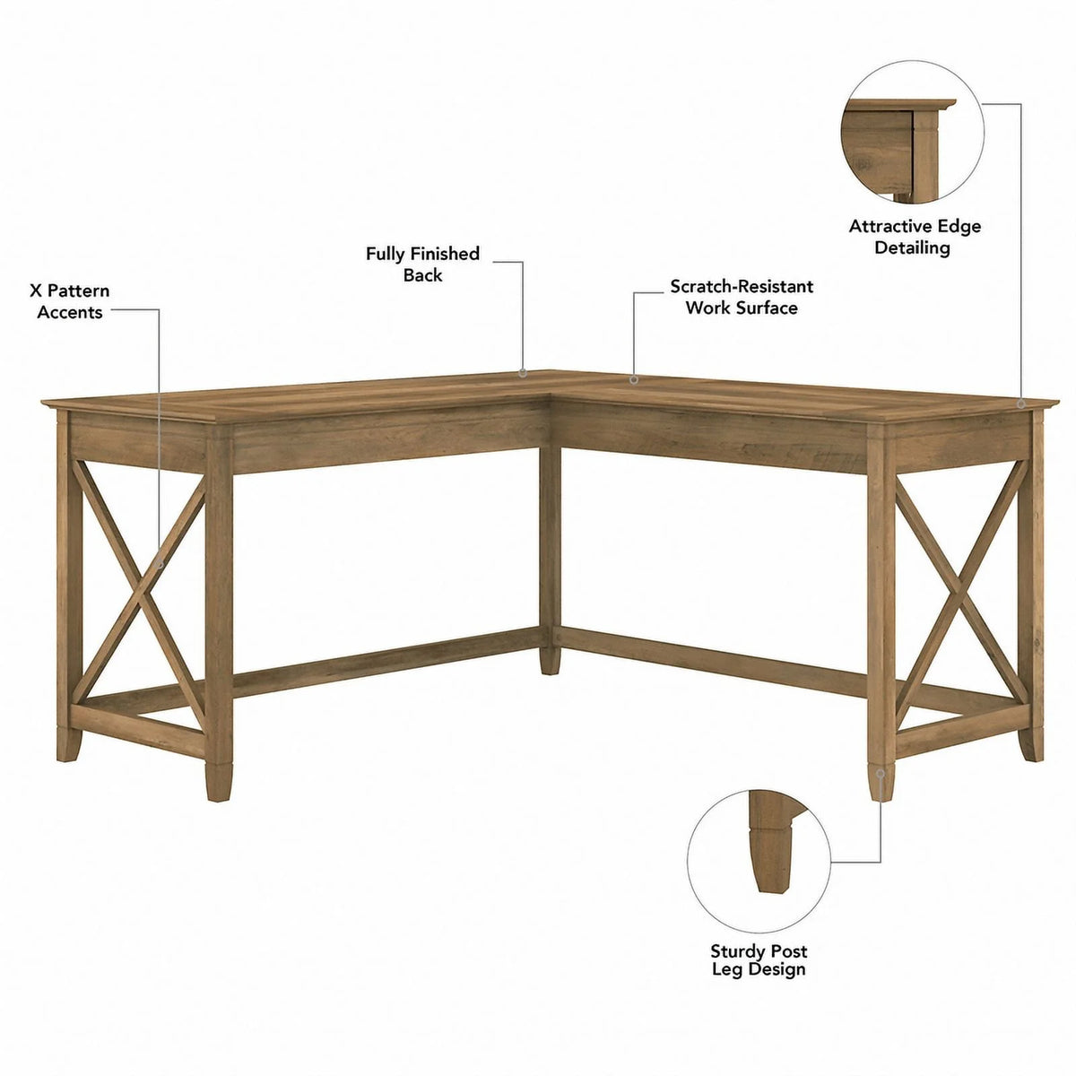 Reclaimed Pine Engineered Wood L Desk with Drawers and Bookcase H41465