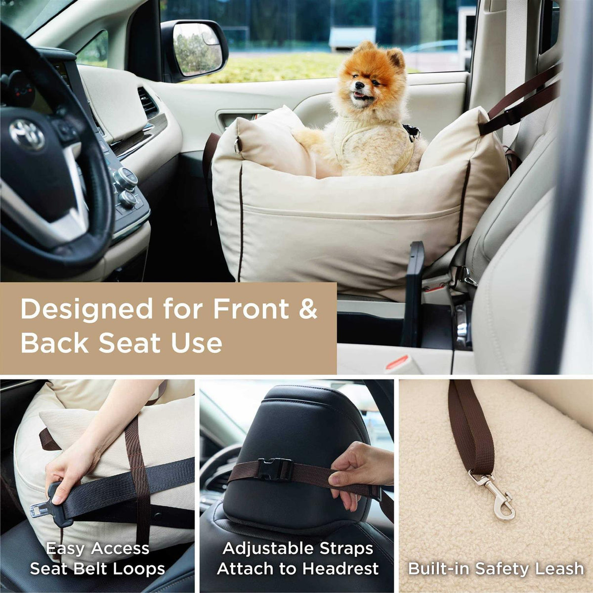 Small Dog Car Seat with Storage Pockets and Safety Leash P372719