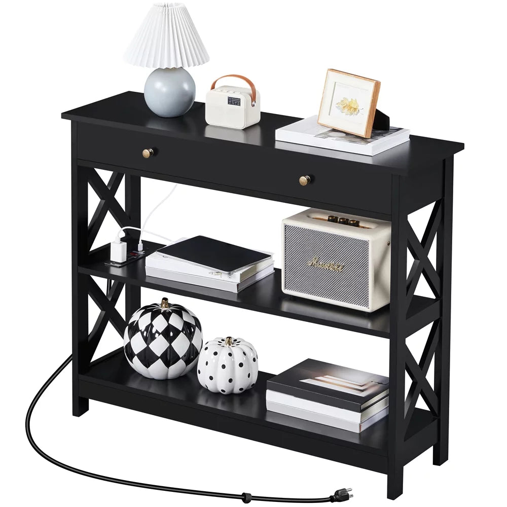 Black Wooden Console Table with Power Outlet & Drawer H42907