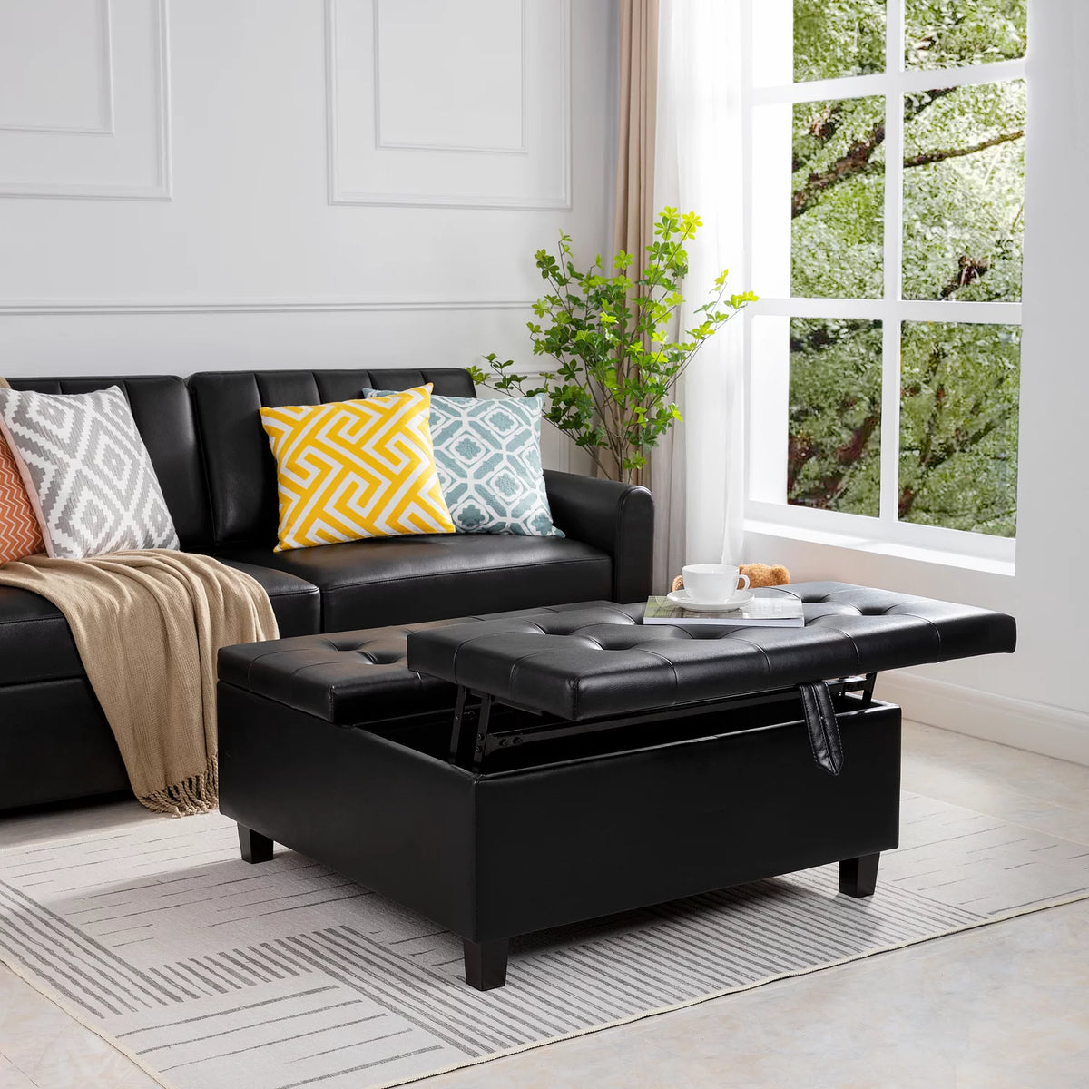 Black Air Leather Tufted Lift-Top Storage Ottoman Bench E20605