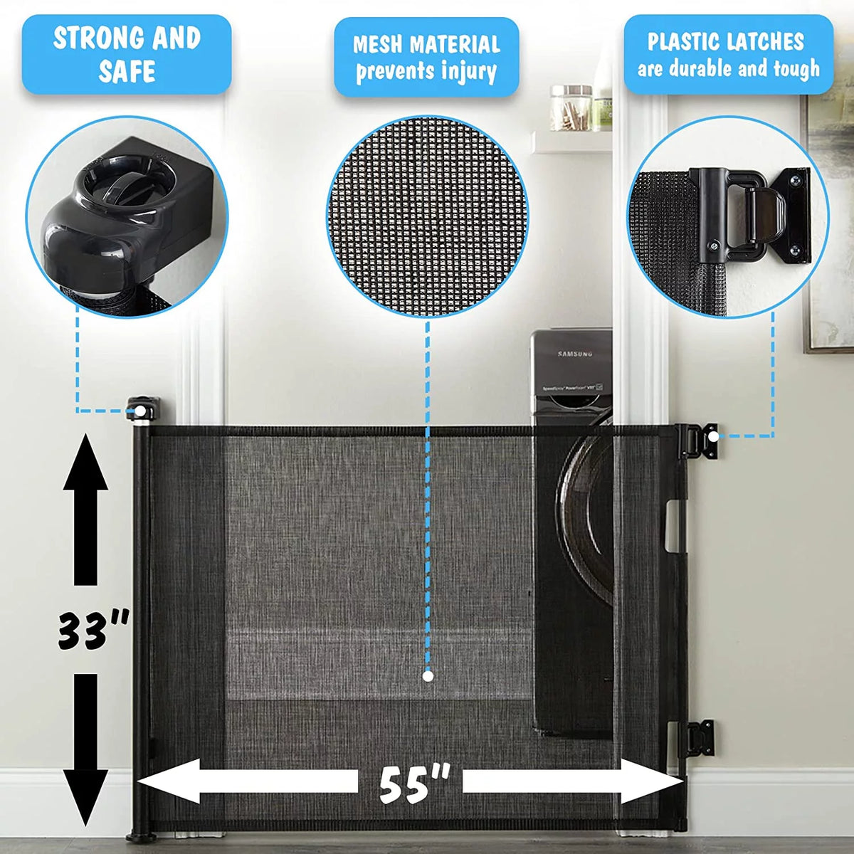Retractable Baby Safety Gate, Black Mesh Pet Gate F791579