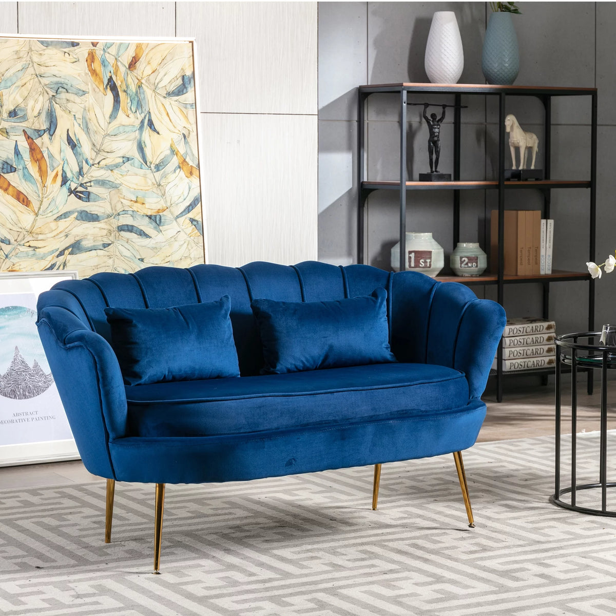 Blue Velvet Channel Tufted Loveseat with Gold Legs R27948