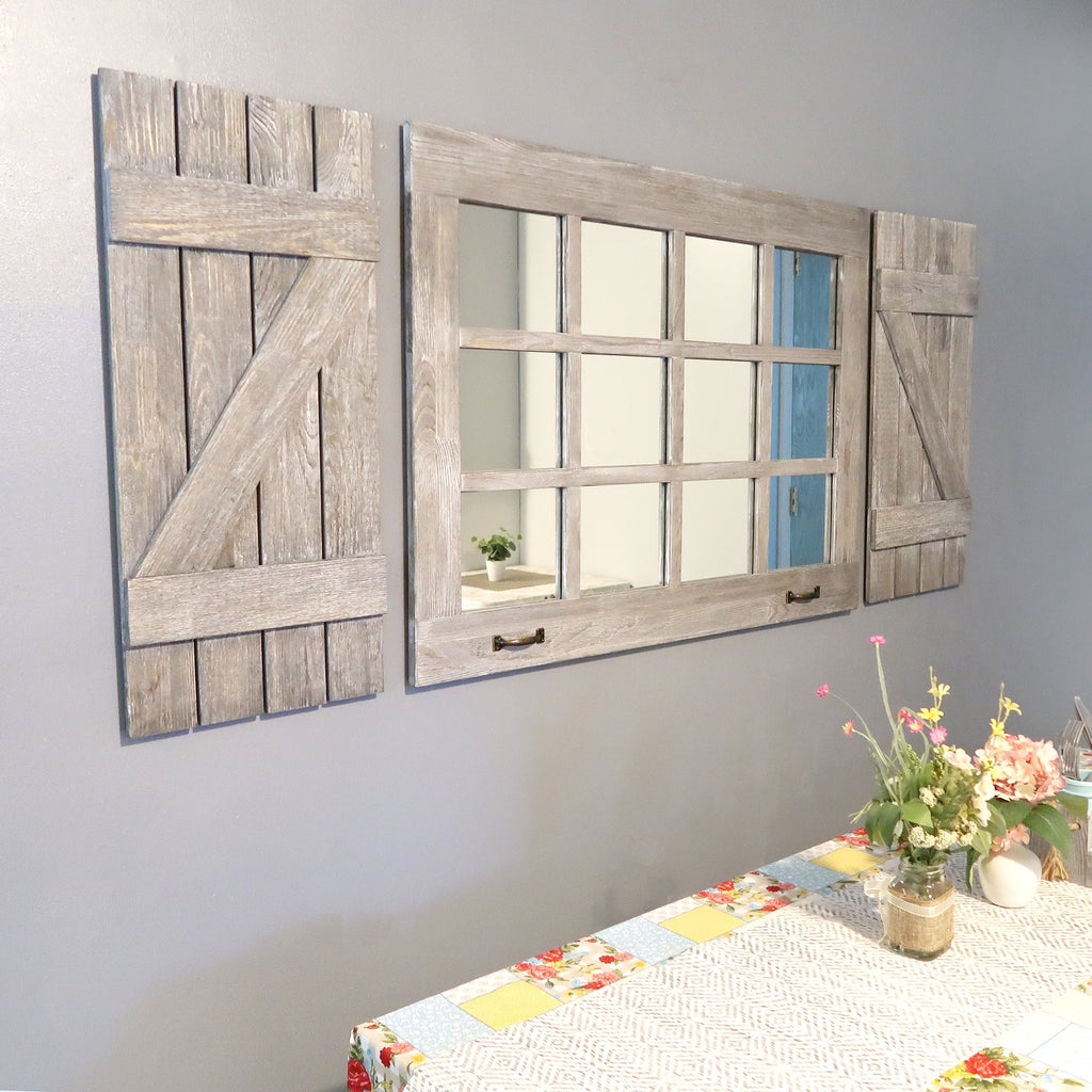 Large Distressed Wood Windowpane Mirror with Shutters E340028