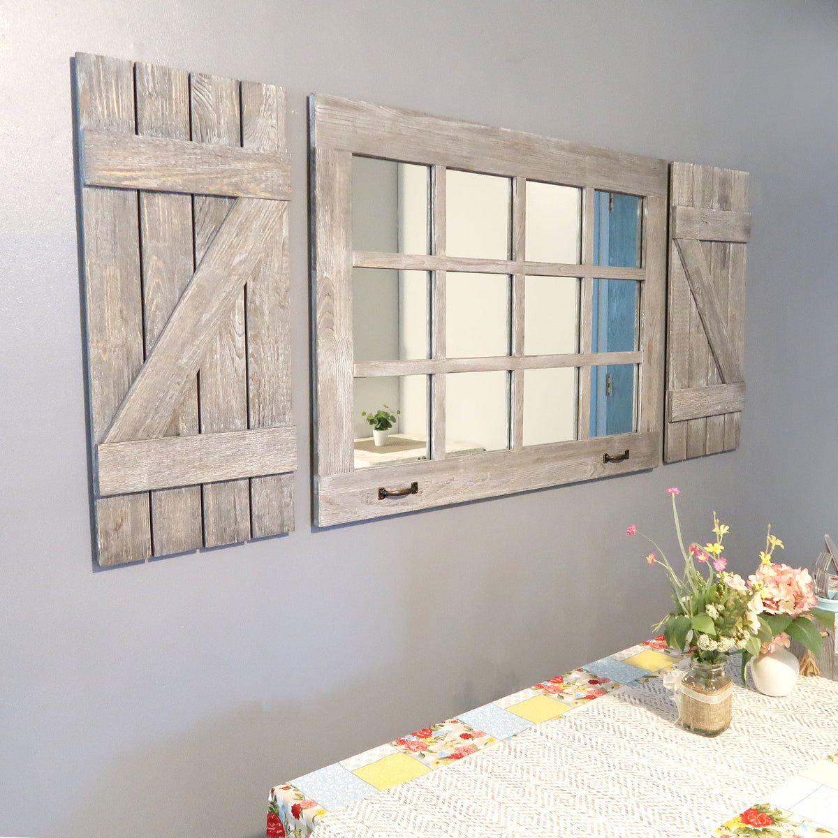 Large Distressed Wood Windowpane Mirror with Shutters E340028