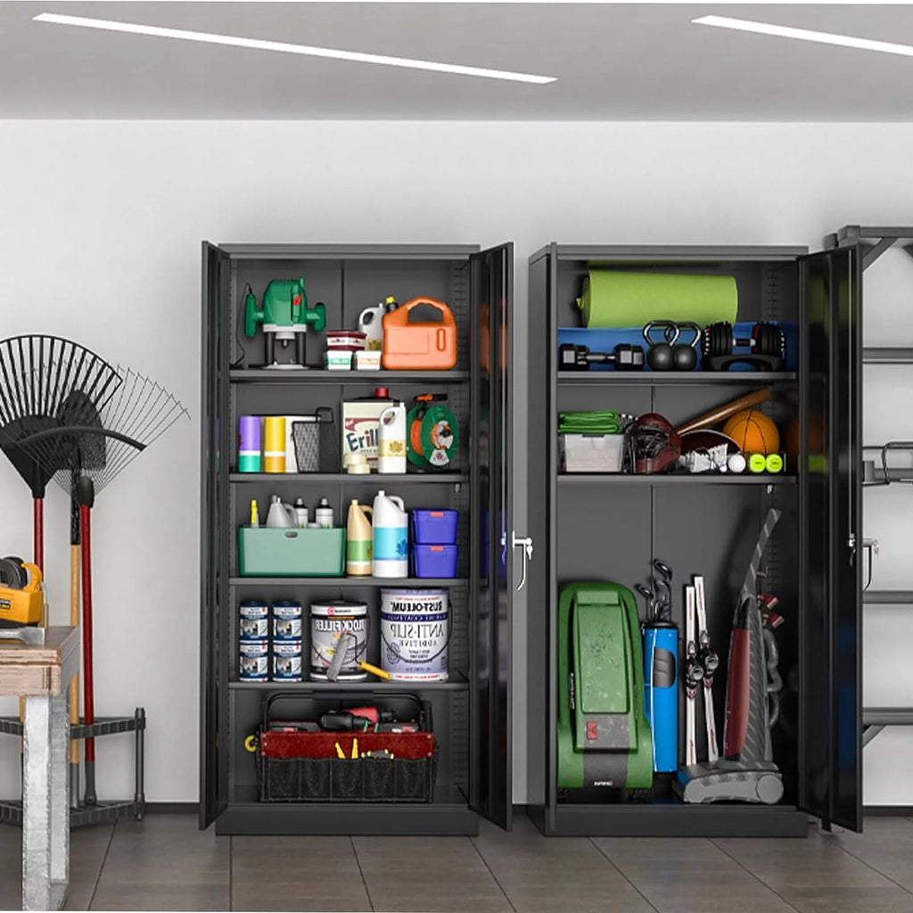 71 In Black Metal Storage Cabinet with Locking Doors and Adjustable Shelves P35118